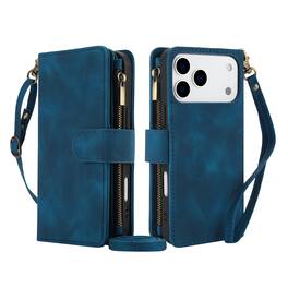 Dteck - RFID Blocking Zipper Wallet Pocket 9 Cards For iPhone 17 Pro Max PU Leather Stand Crossbody Strap Cover - Blue