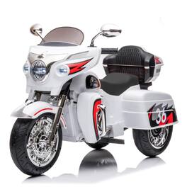 BreeBe - 12V Kids Electric Ride On Motorcycle, 2-Seater w/ Key Start, 3 Wheels, Headlight, Storage Box, Dual Motors - White
