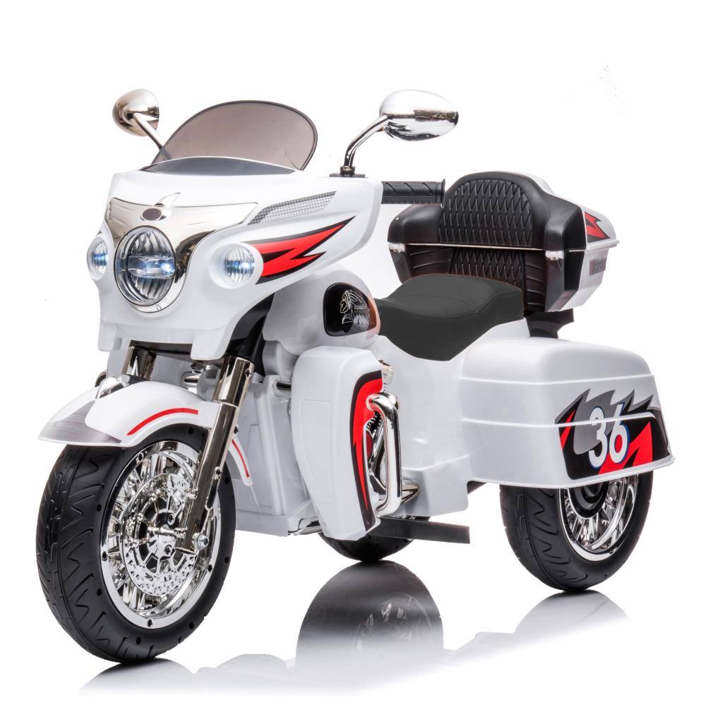 Front. BreeBe - 12V Kids Electric Ride On Motorcycle, 2-Seater w/ Key Start, 3 Wheels, Headlight, Storage Box, Dual Motors - White.