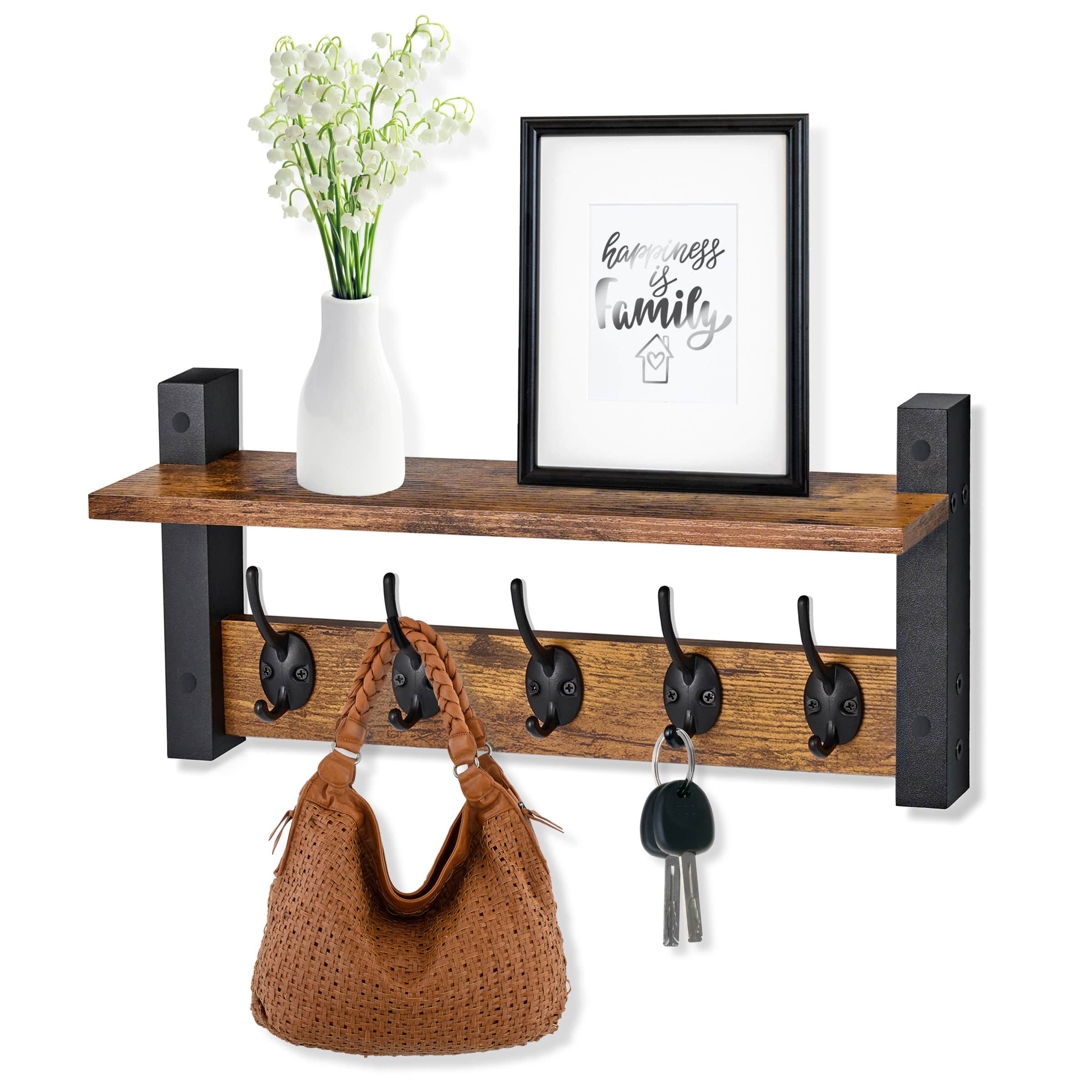 Sorbus - Coat Hooks Wall Mount with Shelf, 16 Inch Coat Rack Wall Mount with 5 Heavy Duty Hooks, Floating Wall Shelf - Brown