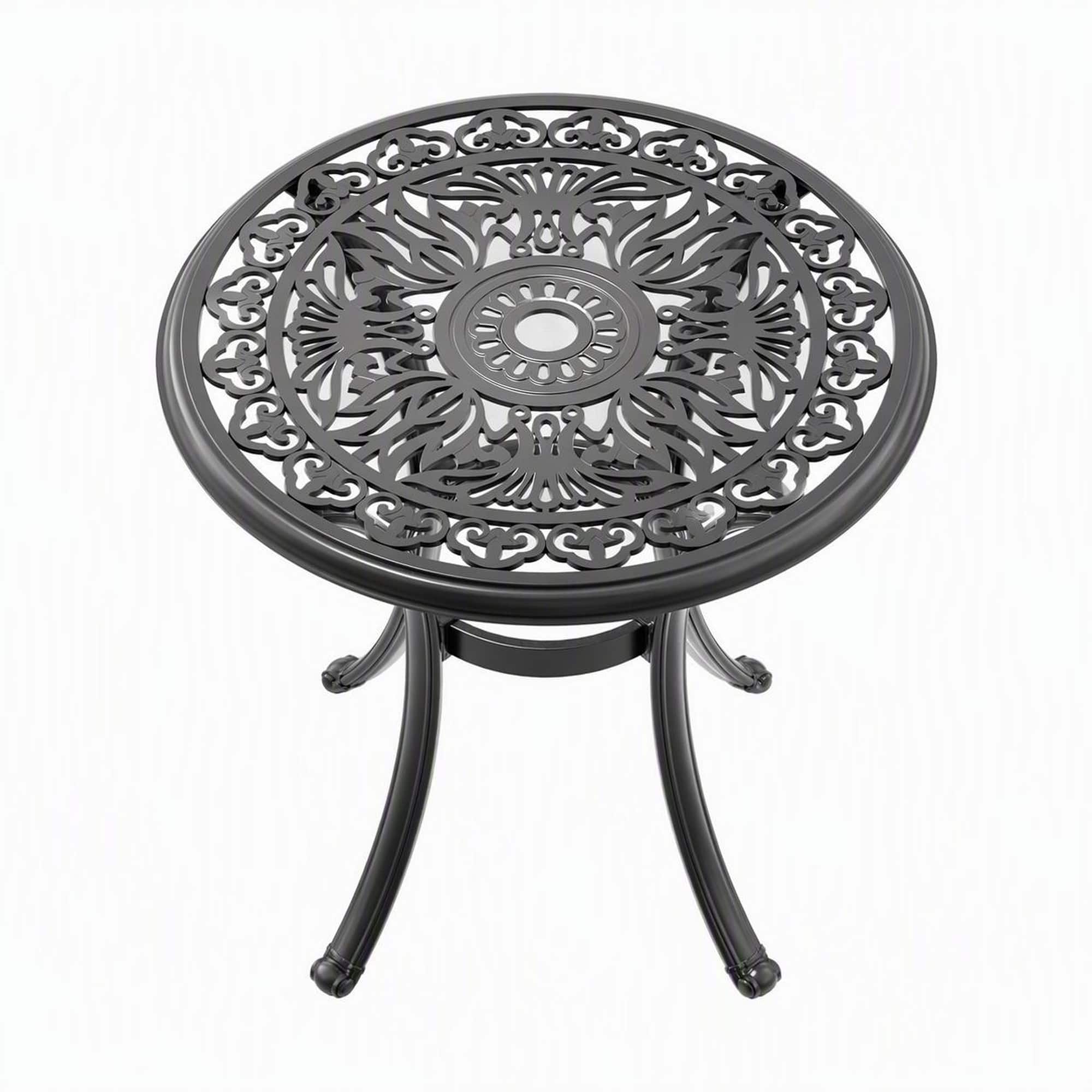 RYHNUYNE - 26.77" Round Cast Aluminum Patio Dining Table with Umbrella Hole for Garden Deck Balcony - Black