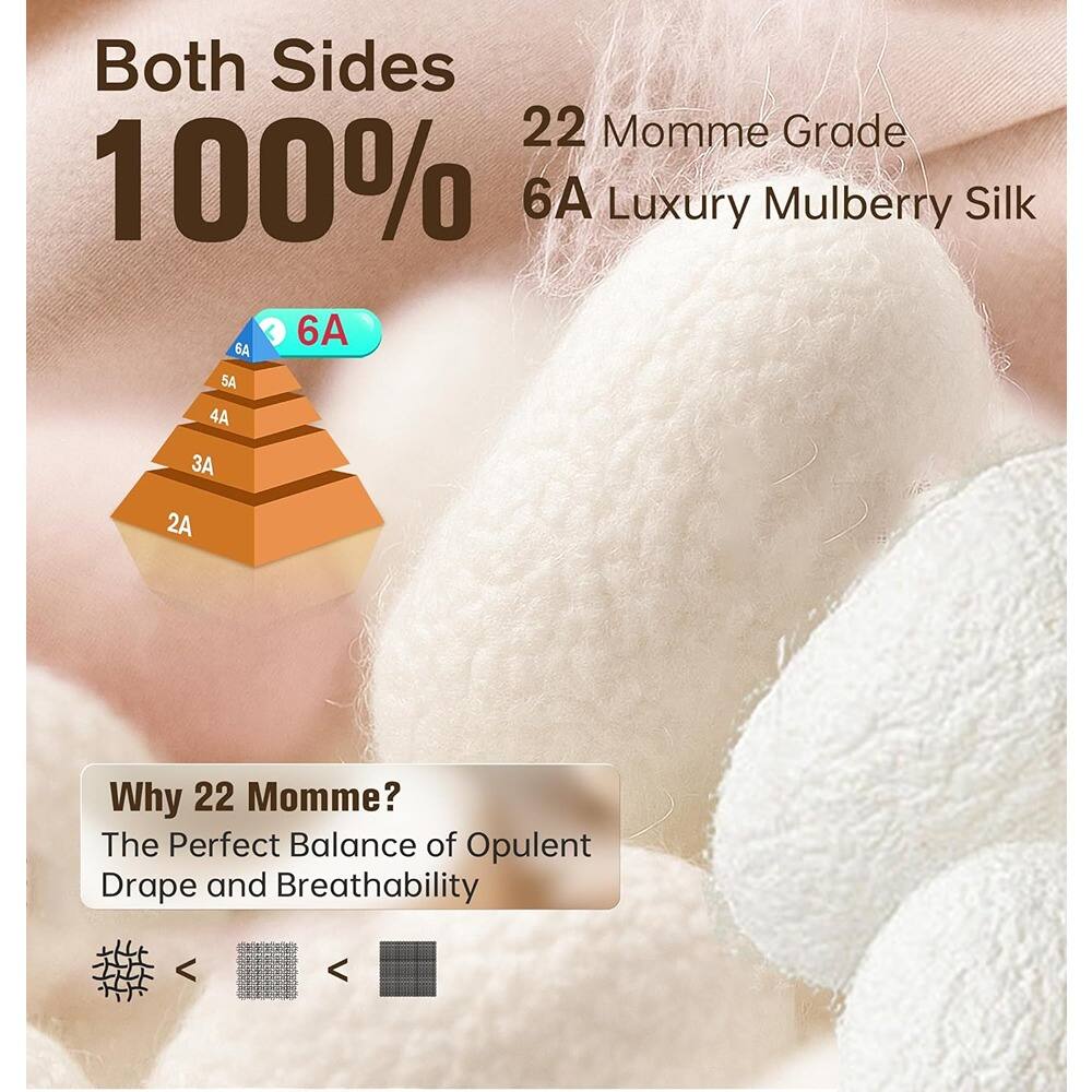 Both Sides  
100%  
22 Momme Grade  
6A Luxury Mulberry Silk  

Why 22 Momme?  
The Perfect Balance of Opulent Drape and Breathability