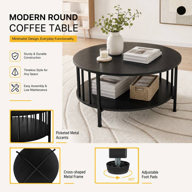MODERN ROUND COFFEE TABLE

Minimalist Design, Everyday Functionality

- Sturdy & Durable Construction
- Timeless Style for Any Space
- Easy Assembly & Low Maintenance
- Picketed Metal Accents
- Cross-shaped Metal Frame
- Adjustable Foot Pads 360°