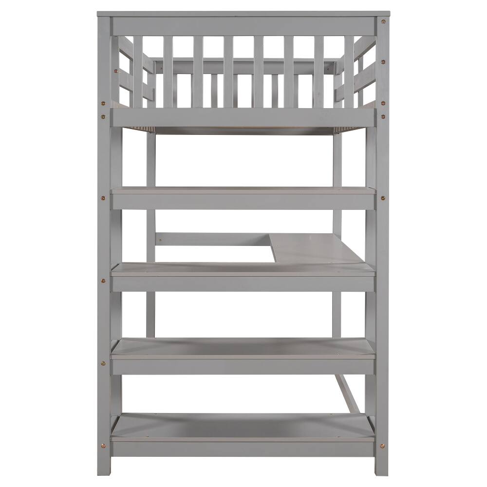 Alt View 2. Loheer - Loheer Twin Loft Bed with Desk and Storage Shelves, Solid Pine Wood Space-Saving Bed Frame, Gray - Gray.