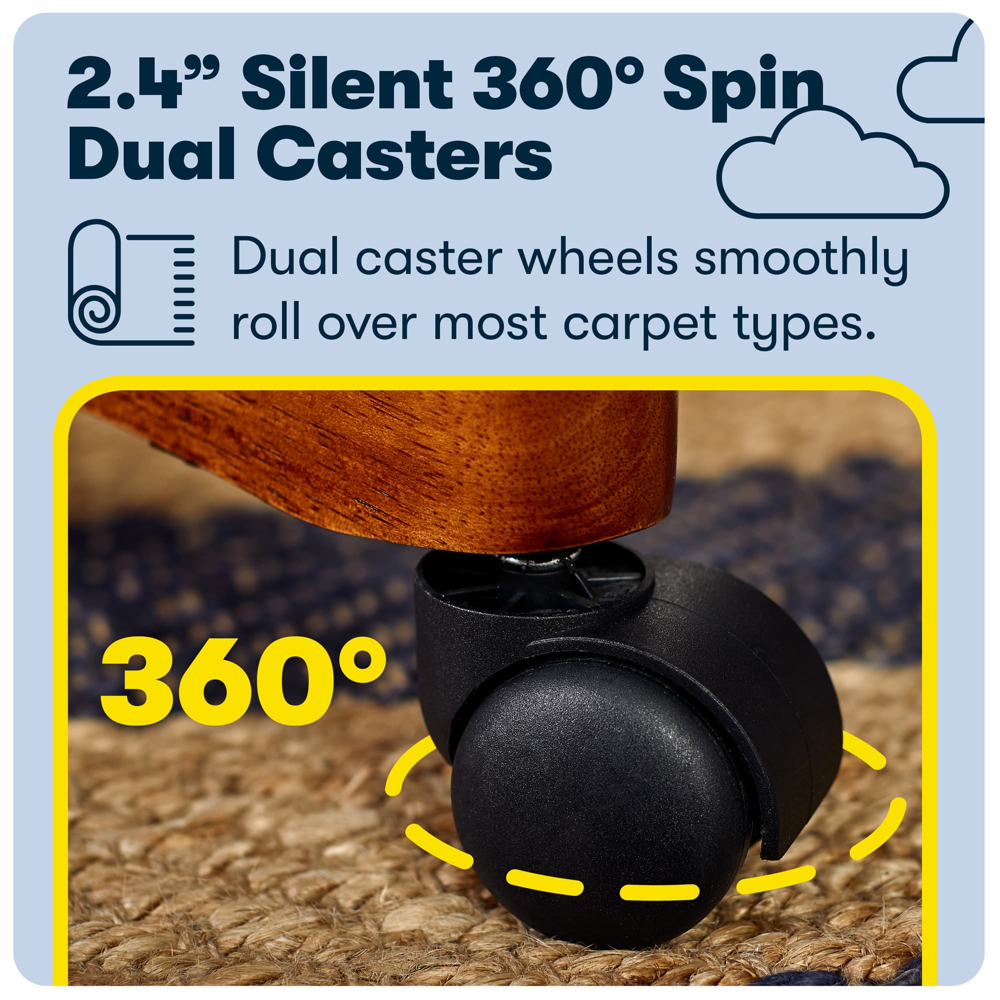 The image features a carpet with two black wheels, likely dual casters, sitting on top of it. The text accompanying the image reads, "2.4" Silent 360 Spin Dual Casters Dual caster wheels smoothly roll over most carpet types. 360." This suggests that the dual casters are designed to provide a smooth and quiet rolling experience on various carpet types, making them a convenient and efficient solution for moving furniture or other heavy items.