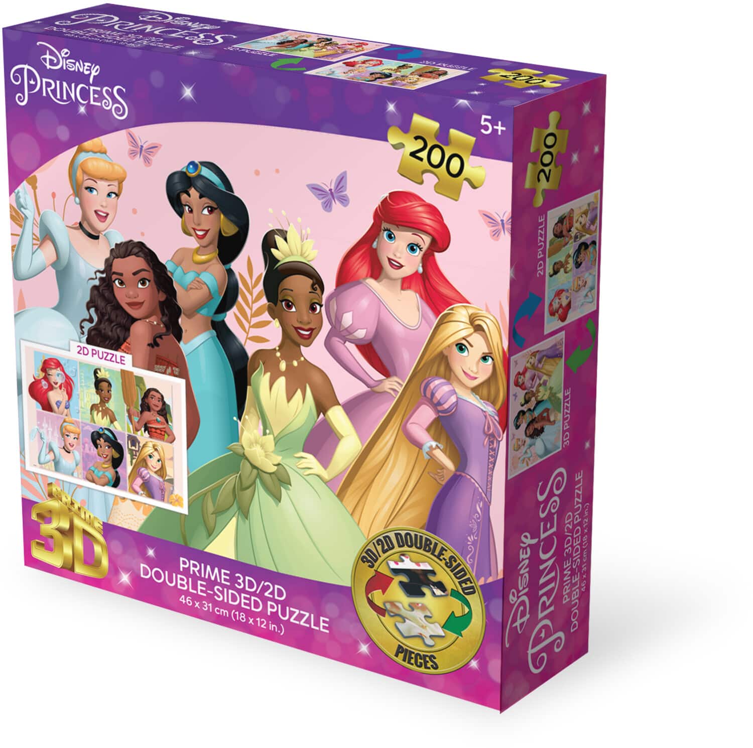 PopMarket - Disney Princess 6 Princesses 200pc 18x12 in 3D/2D Double-Sided Puzzle - COLLECTIBLES - Multicolor