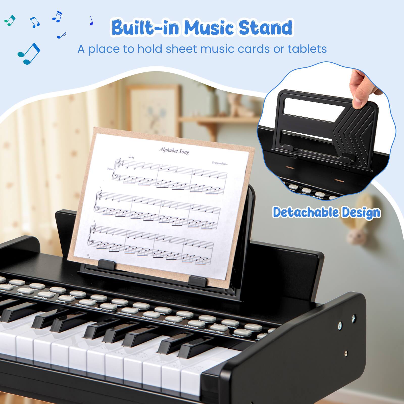 Built-in Music Stand  
A place to hold sheet music cards or tablets  

Alphabet Song  

Detachable Design