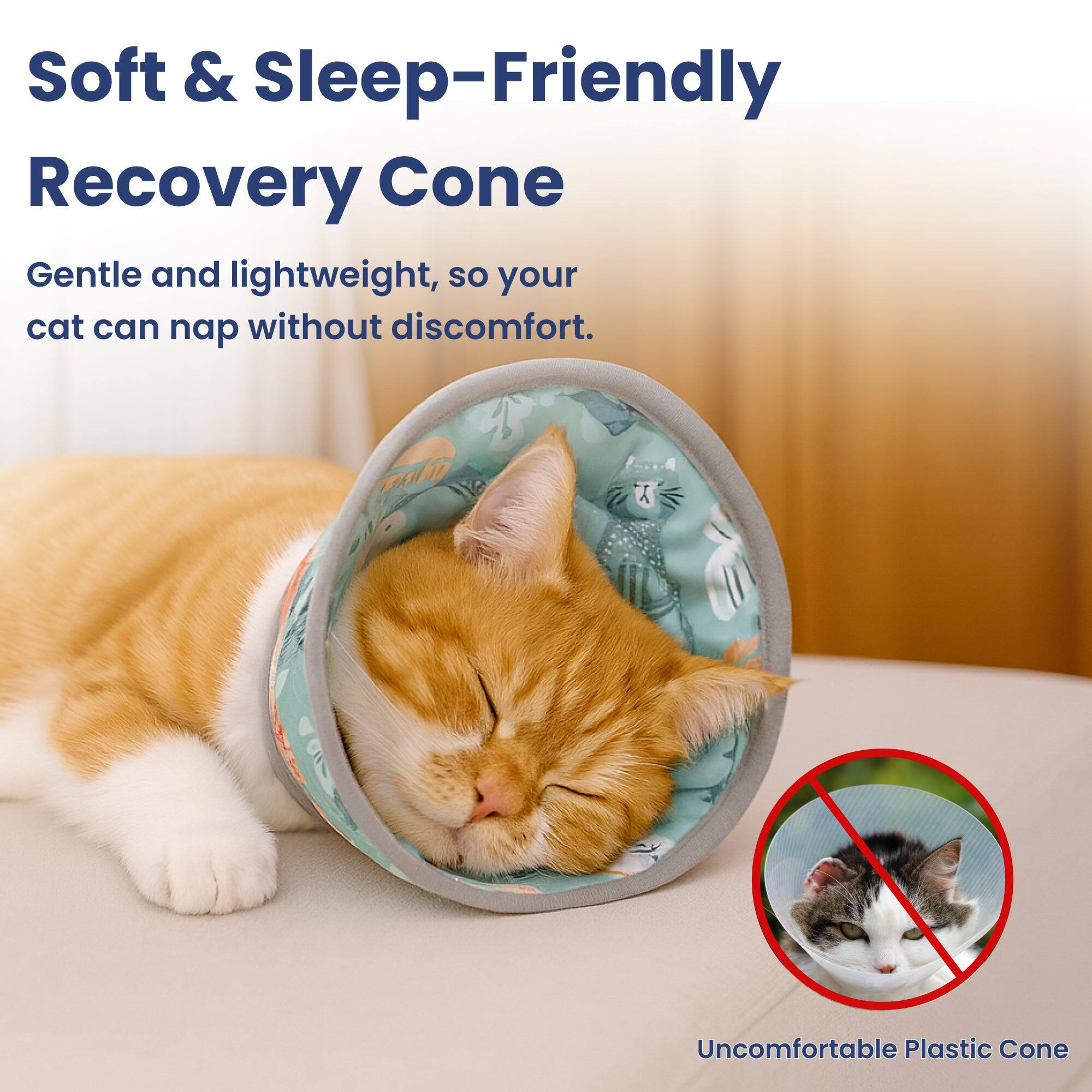 Soft & Sleep-Friendly Recovery Cone

Gentle and lightweight, so your cat can nap without discomfort.

Uncomfortable Plastic Cone