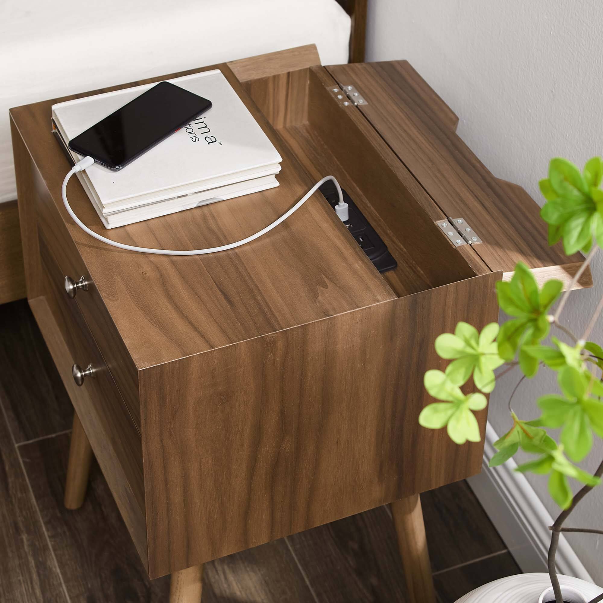 Alt View 1. Modway - Ember Wood Nightstand With USB Ports by Modway - Walnut Walnut.