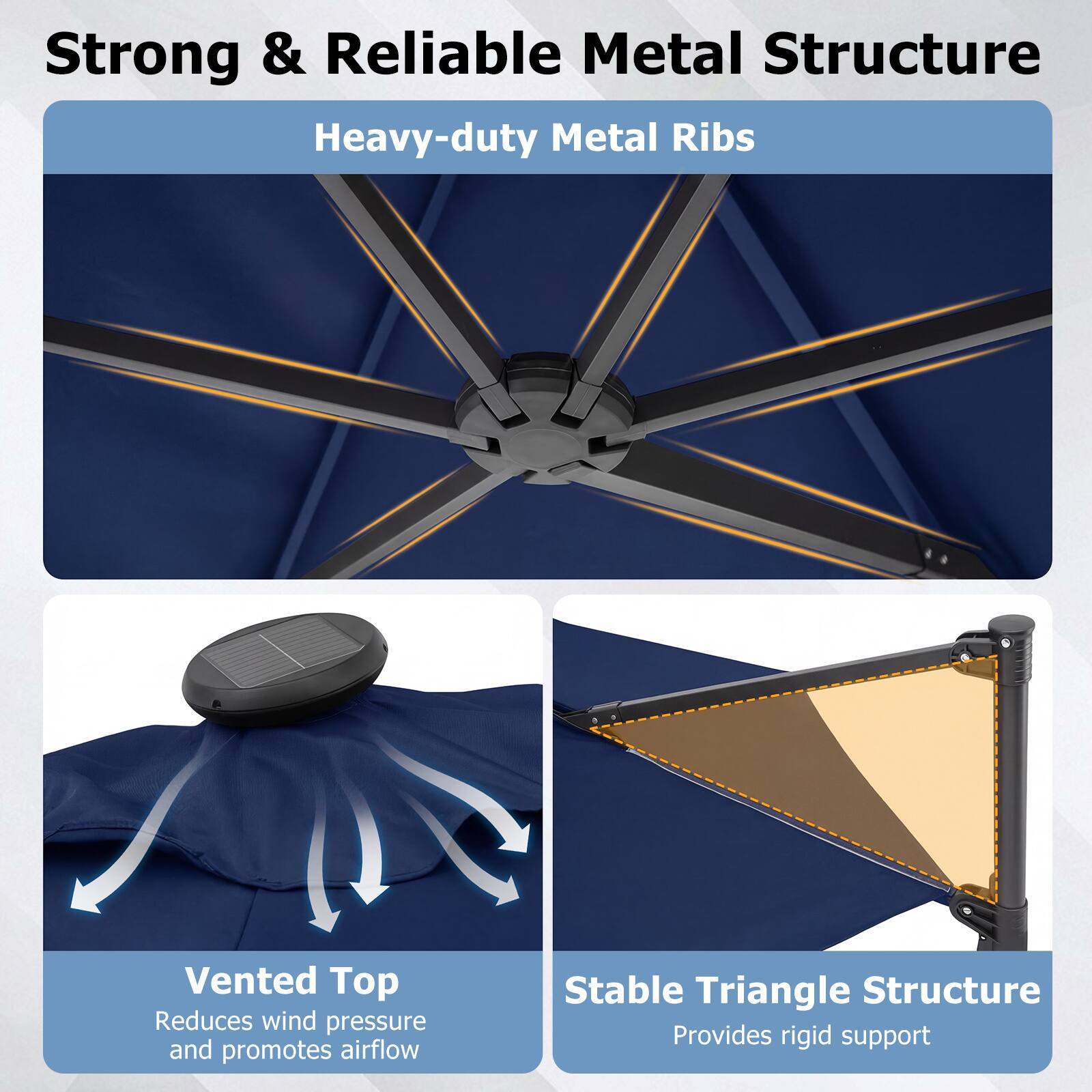 Strong & Reliable Metal Structure  
Heavy-duty Metal Ribs  

Vented Top  
Reduces wind pressure and promotes airflow  

Stable Triangle Structure  
Provides rigid support
