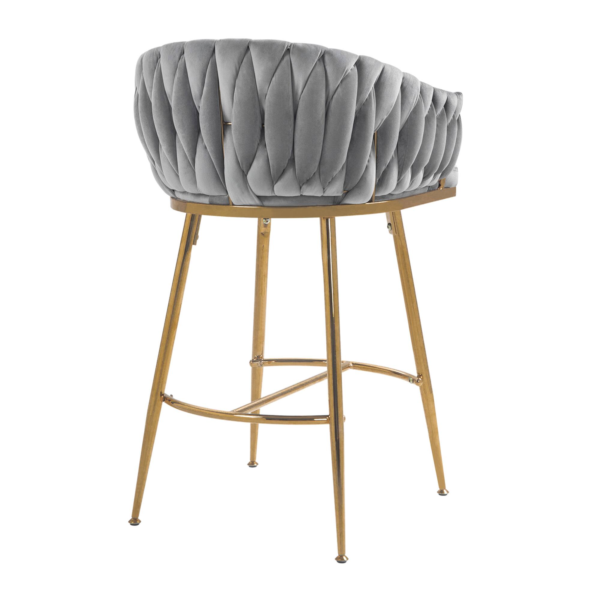 Alt View 2. GOODSILO - Set of 2 Velvet Upholstered Bar Stools with Golden Chrome Base, Counter Height Stools for Kitchen Island or Bar Seating - Grey.