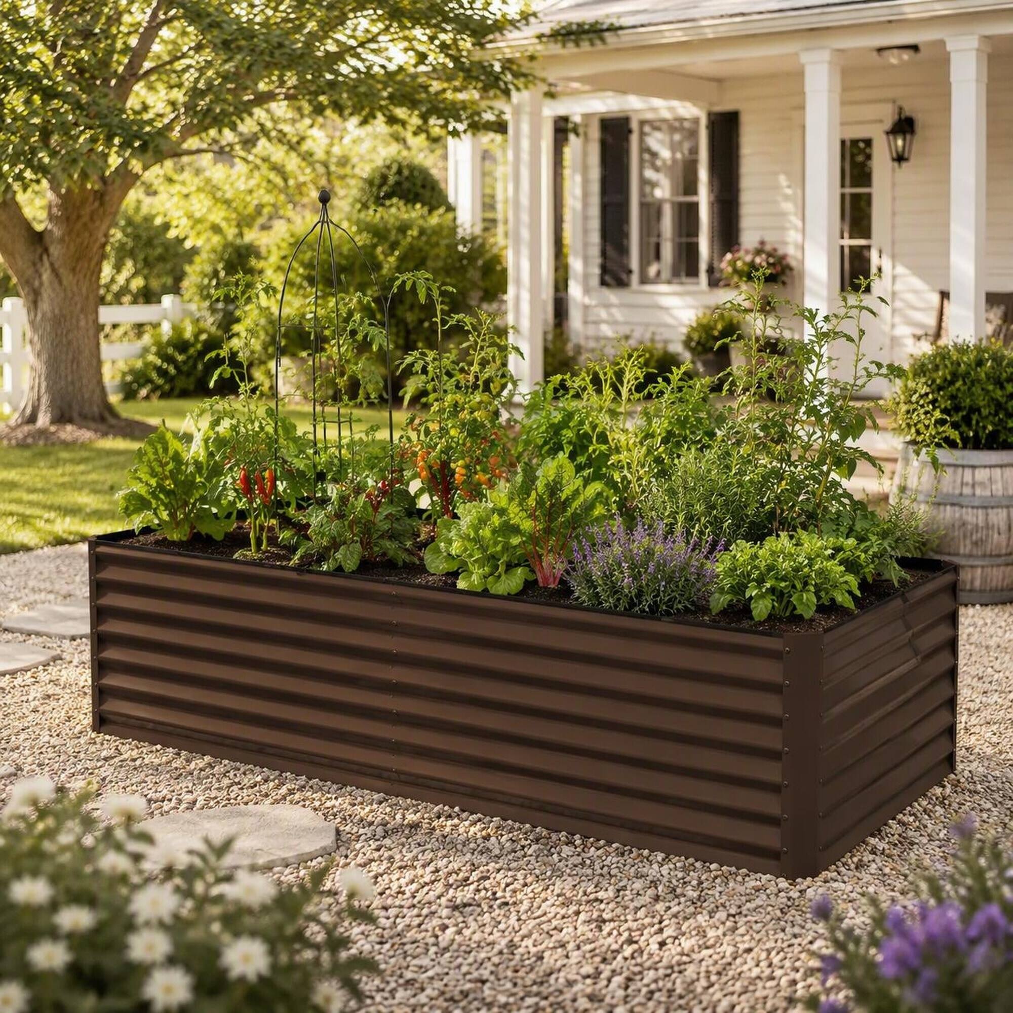 Left. RYHNUYNE - Galvanized Raised Garden Bed 8x4x2 ft Outdoor Metal Planter Box for Vegetables Flowers and Herbs with Open Base - Brown.