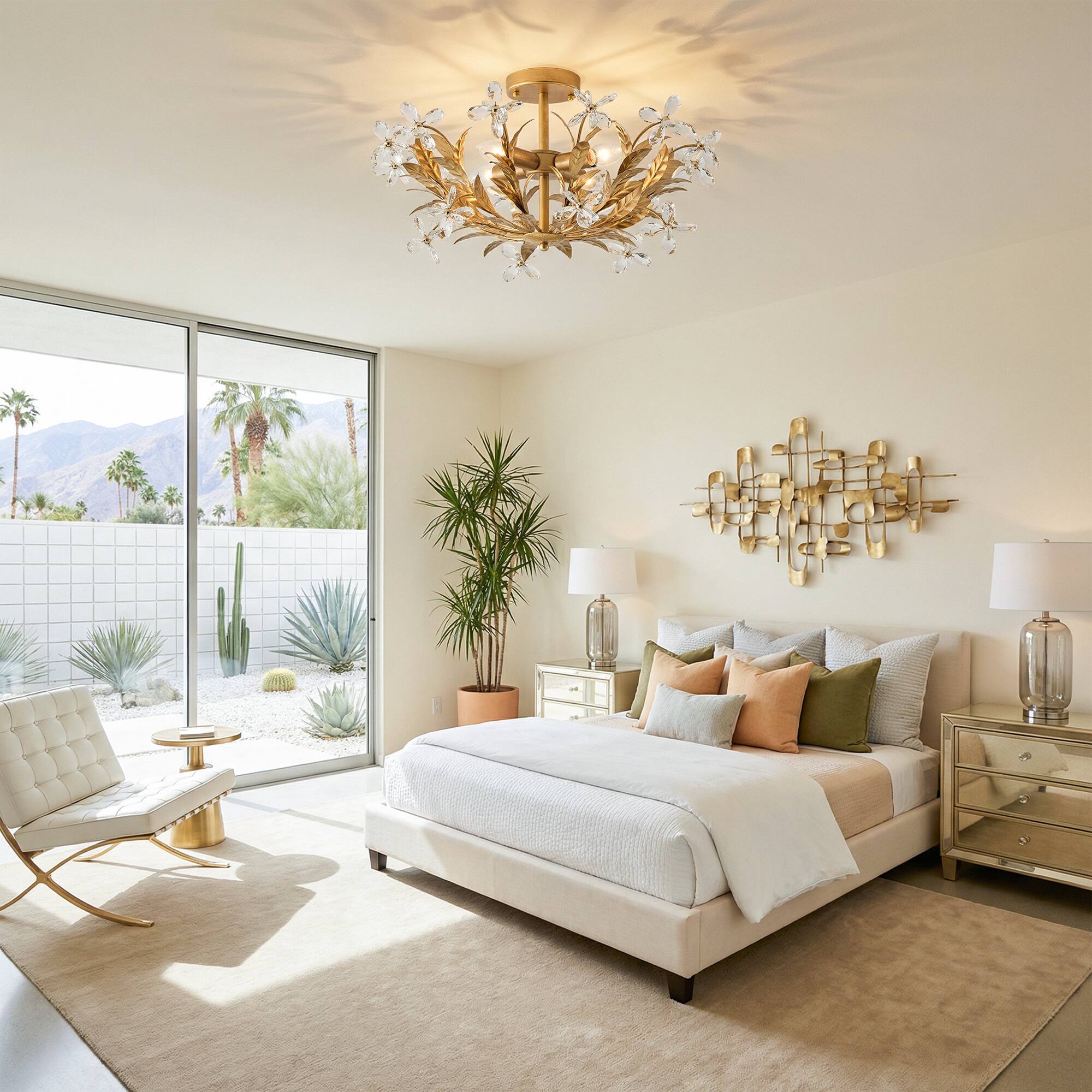 Angle. Vaczon - 4-Light 23.6-Inch Dimmable Floral Crystal Semi-Flush Mount Ceiling Light for Bedroom, Hallway and Dining Room - Gold.