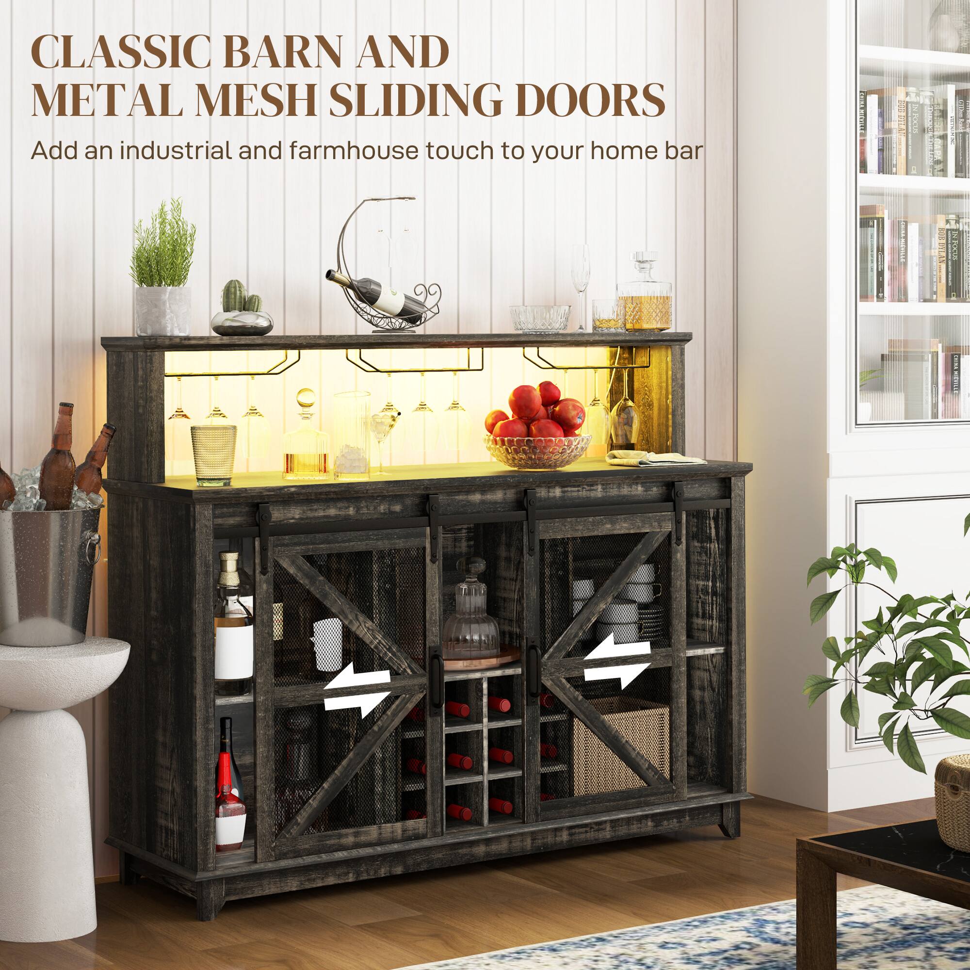 CLASSIC BARN AND METAL MESH SLIDING DOORS Add an industrial and farmhouse touch to your home bar