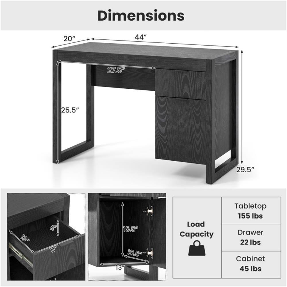 Dimensions:  
20" x 44" x 27.5" x 25.5" x 29.5" x 18" x 4" x 16.5" x 18.5" x 13"

Load Capacity:  
Tabletop: 155 lbs  
Drawer: 22 lbs  
Cabinet: 45 lbs