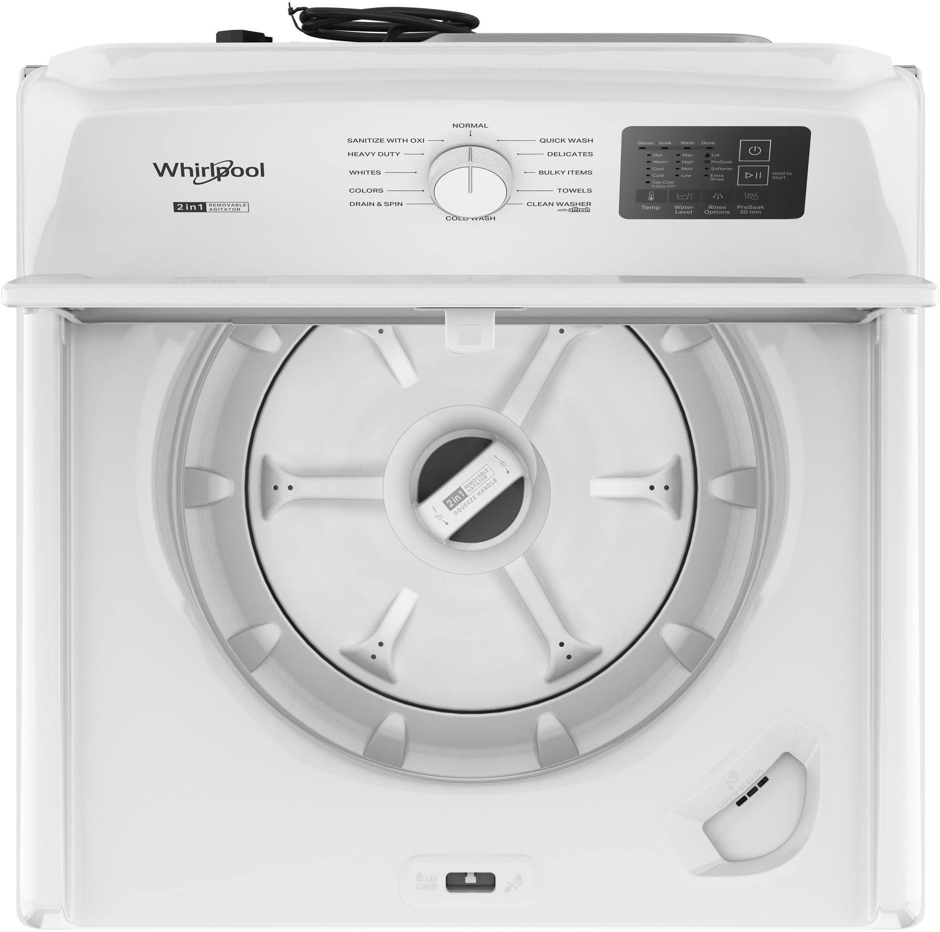 Whirlpool
2in1 WASHING MACHINE
SANITIZE WITH OXI
HEAVY DUTY
WHITES
COLORS
DRAIN & SPIN
NORMAL
QUICK WASH
DELICATES
BULKY ITEMS
TOWELS
CLEAN WASH
TEMP
WATER
AMOUNT
PROGRAM
CAUTION:
DO NOT REMOVE
THIS LABEL