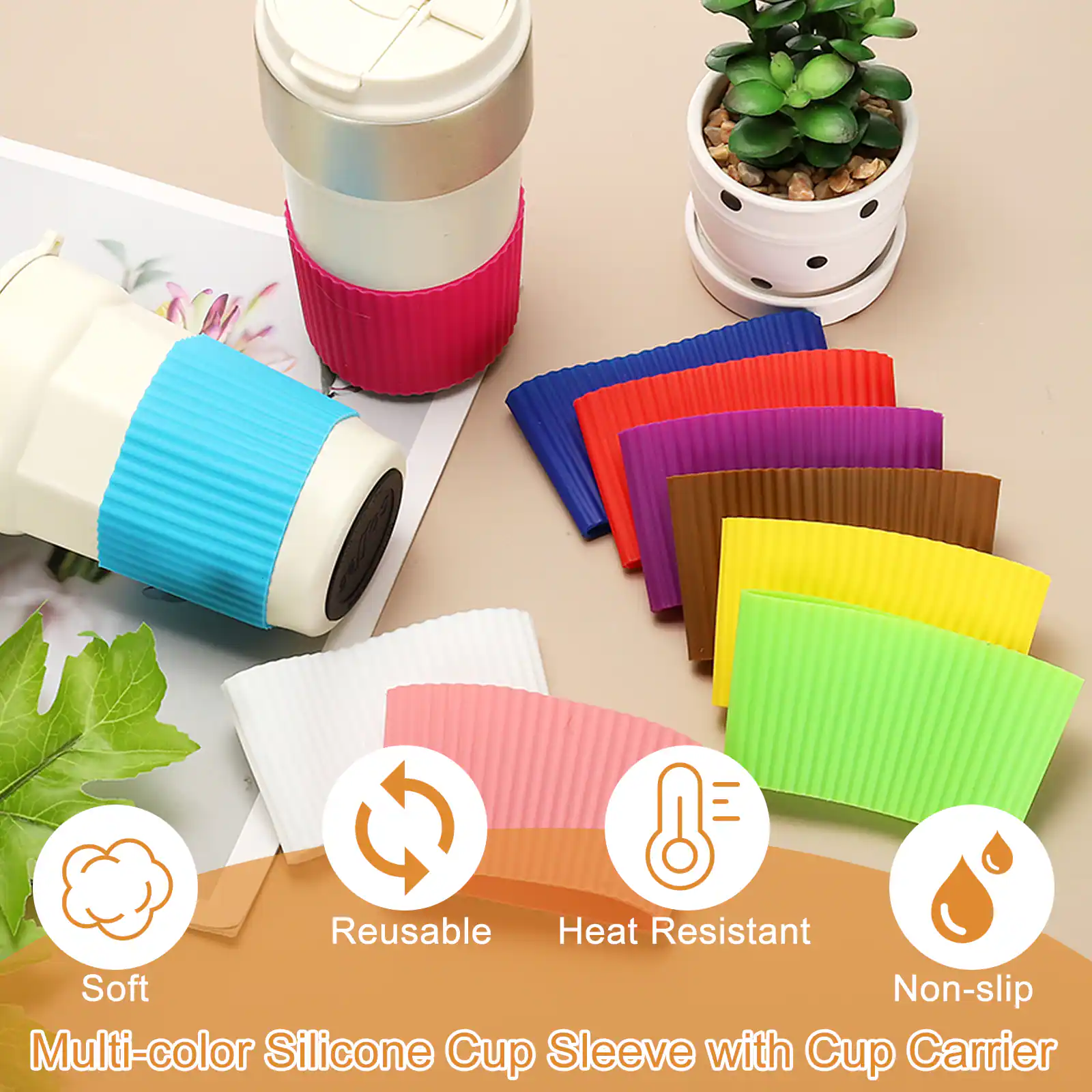 Reusable Heat Resistant Soft Non-slip Multi-color Silicone Cup Sleeve with Cup Carrier