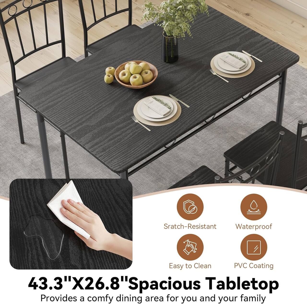 Scratch-Resistant Waterproof Easy to Clean PVC Coating  
43.3" X 26.8" Spacious Tabletop  
Provides a comfy dining area for you and your family