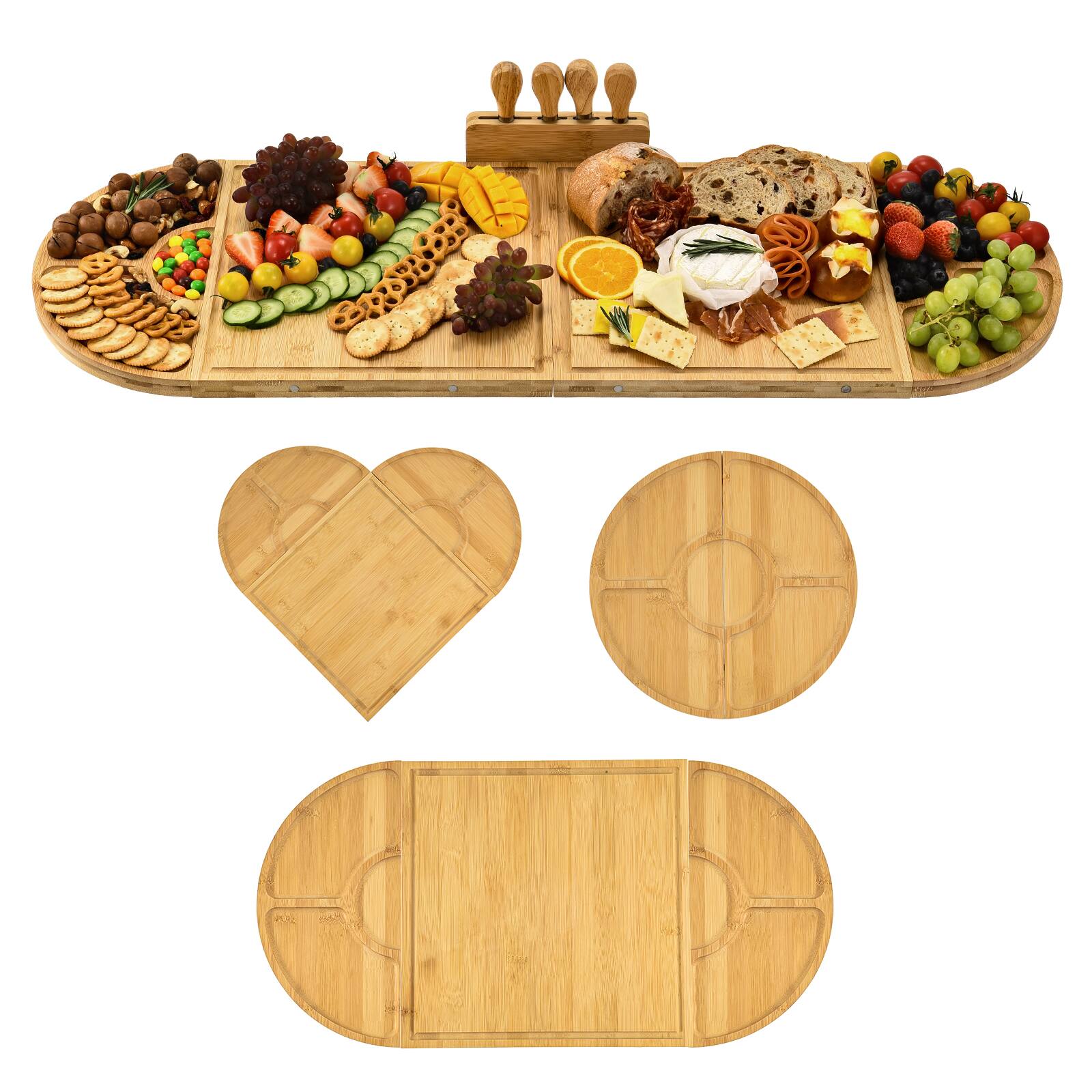 Front. Unique Bargains - Bamboo Charcuterie Boards & Knife Set, 4 in 1 Long & Round Magnetic Cheese Platter, Gift for House Warming - Bamboo.