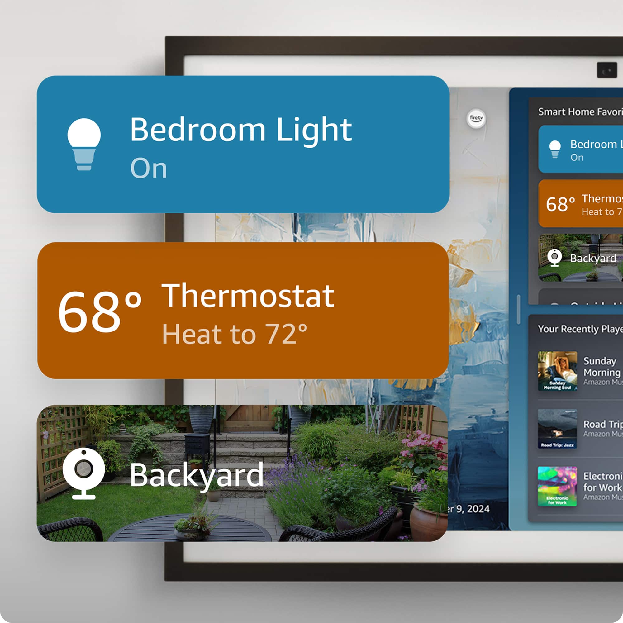 Bedroom Light On
Smart Home Favorites
Bedroom - On Thermostat
68 Heat to 72
Backyard
Your Recently Played Sunday Morning Backyard or 9, 2024
Road Trip
Electronics for Work
Electronics for Work