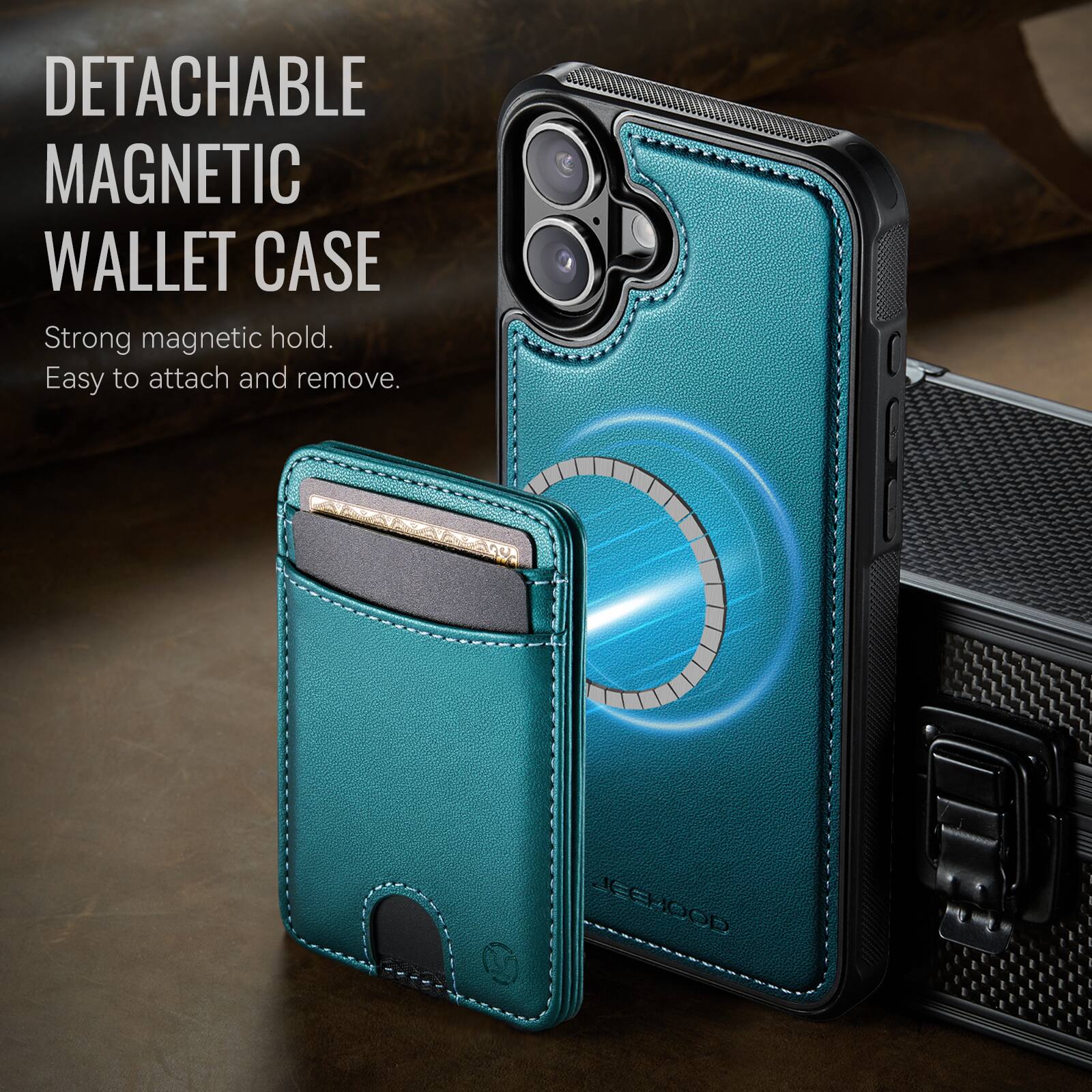 DETACHABLE MAGNETIC WALLET CASE  
Strong magnetic hold.  
Easy to attach and remove.  

JEEHOD