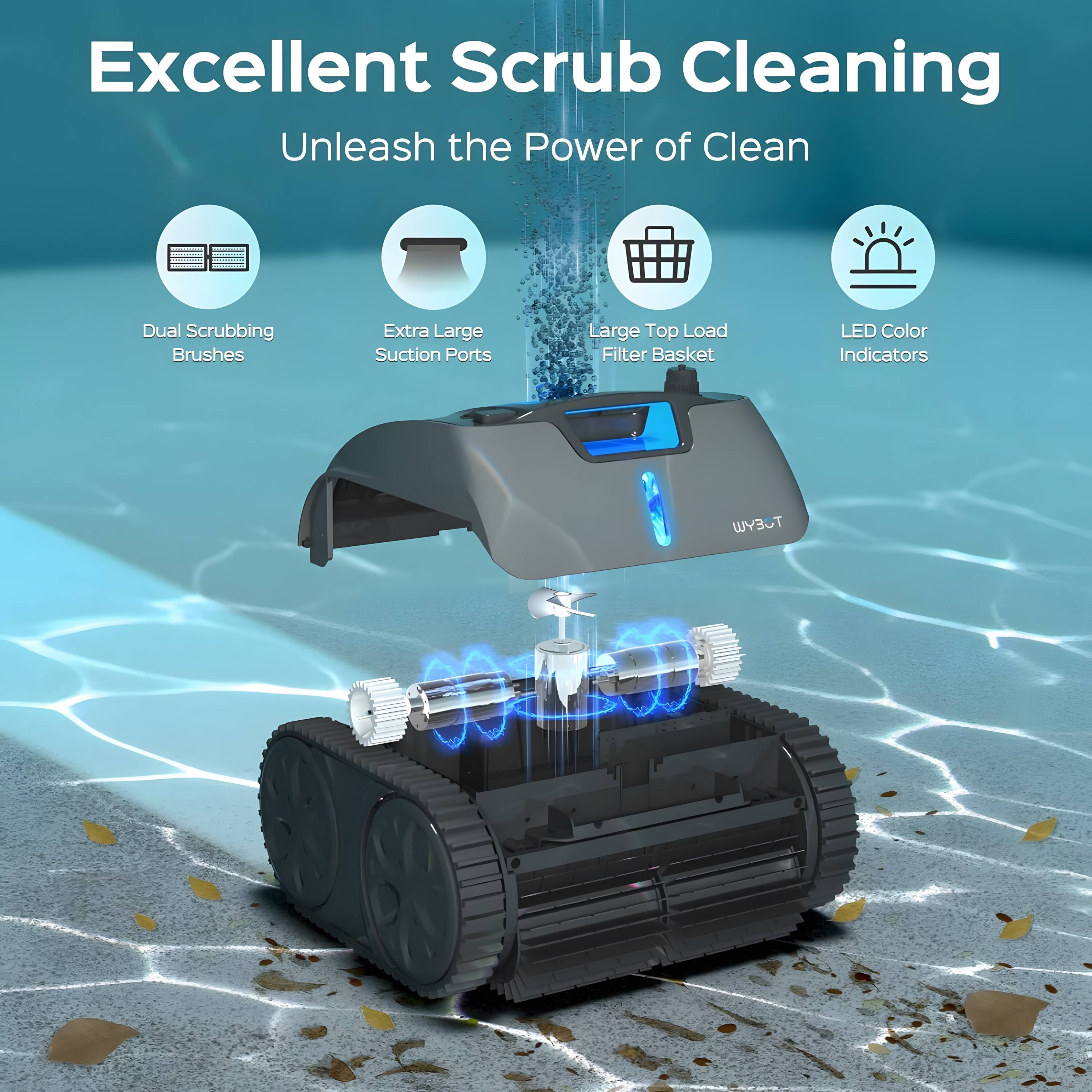 Excellent Scrub Cleaning: Unleash the Power of Clean. Dual Scrubbing Brushes. Extra Large Suction Ports. Large Top Load Filter Basket. LED Color Indicators. WYBCT.