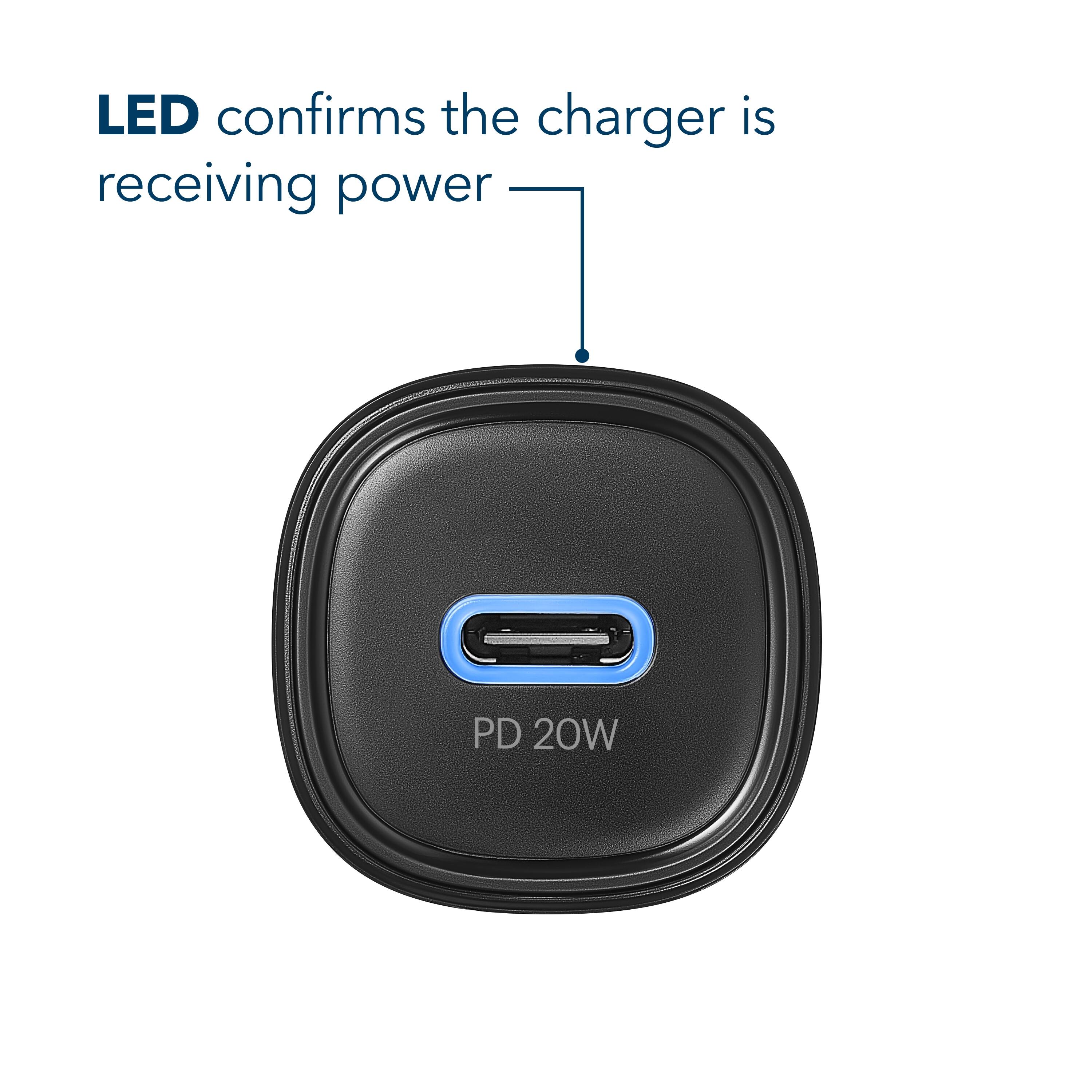 The text on the image reads: "LED confirms the charger is receiving power PD 20W".