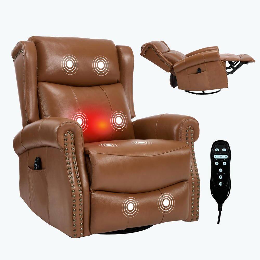 Back. Kadyn - Manual Heat Massage Recliner Chair, 8 Vibration Modes, Rocker Swivel, Genuine Leather, Yellow - Yellow.