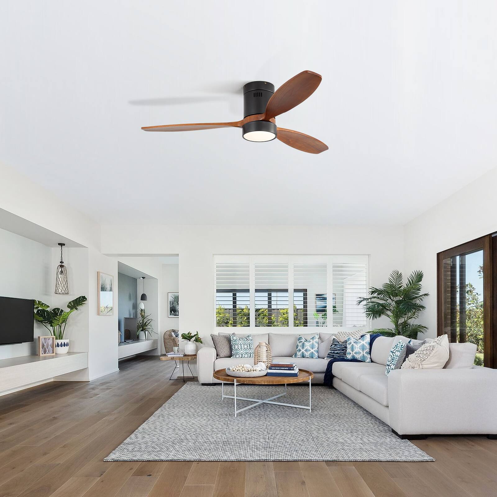 Alt View 4. Sofucor - 52 Inch Wood Flush Mount Ceiling Fans with 3CCT LED Lights and Remote 6 Speed Modern Quiet Ceiling Fan for Bedroom - Black.