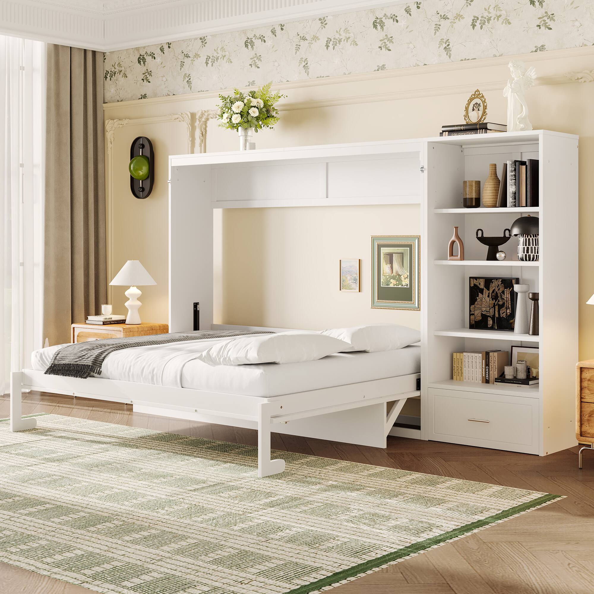 Back. Anysun - Queen Size Multifunctional Foldable Murphy Bed with Height Adjustable Storage Compartments and Shelf, Drawer - White.