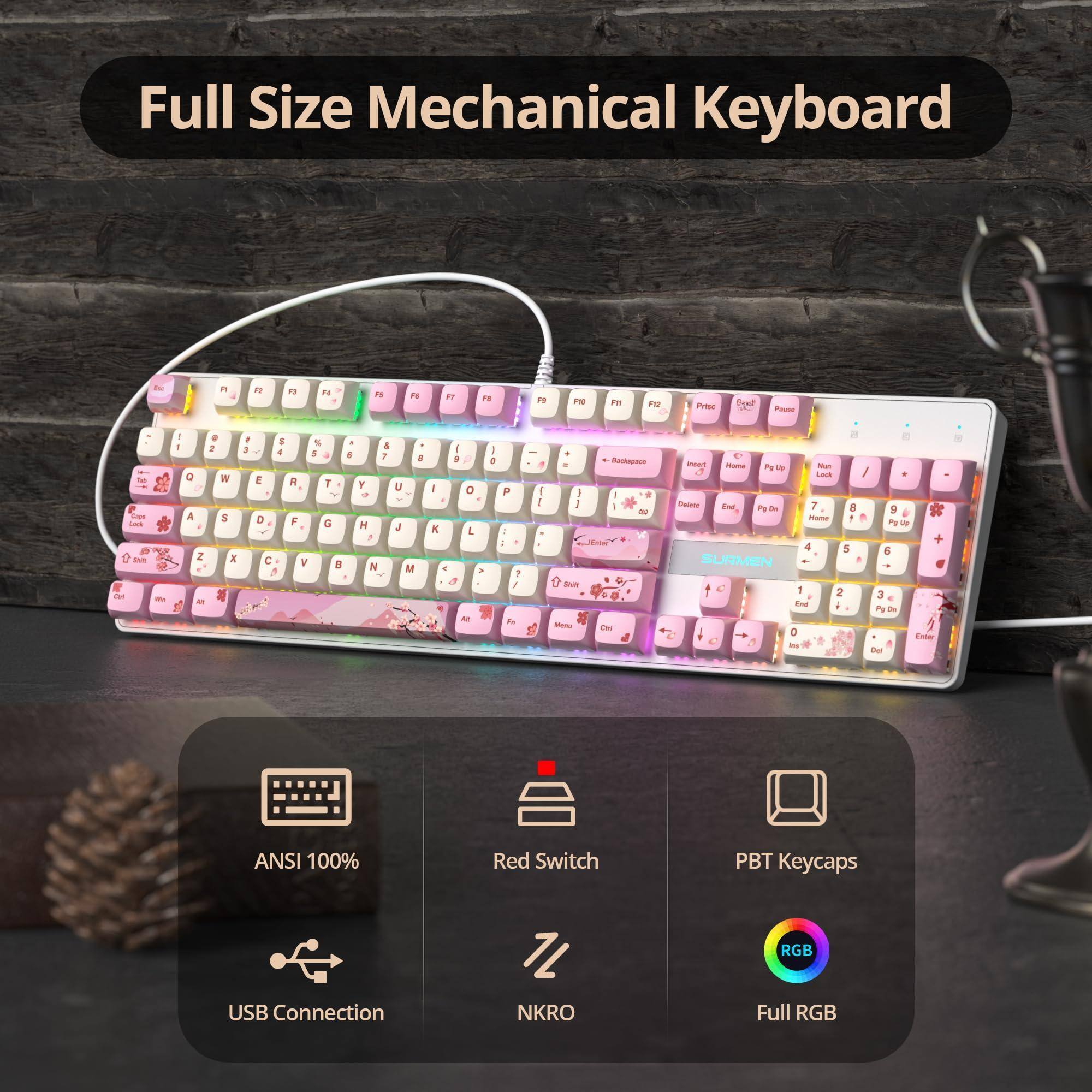 Full Size Mechanical Keyboard

- ANSI 100%
- Red Switch
- PBT Keycaps
- USB Connection
- NKRO
- Full RGB
