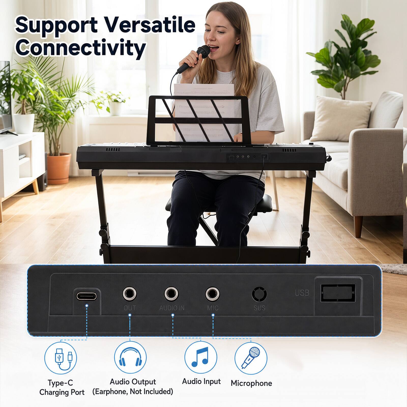 Support Versatile Connectivity

USB
OUT
AUDIO IN
MIC
SUS

Type-C Audio Output Audio Input Microphone Charging Port (Earphone, Not Included)