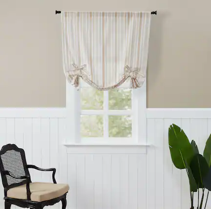 Front. Kate Aurora - Kate Aurora Country Farmhouse Cotton Striped Tie Up Window Curtain - 63 in. Long - Taupe - Beige.