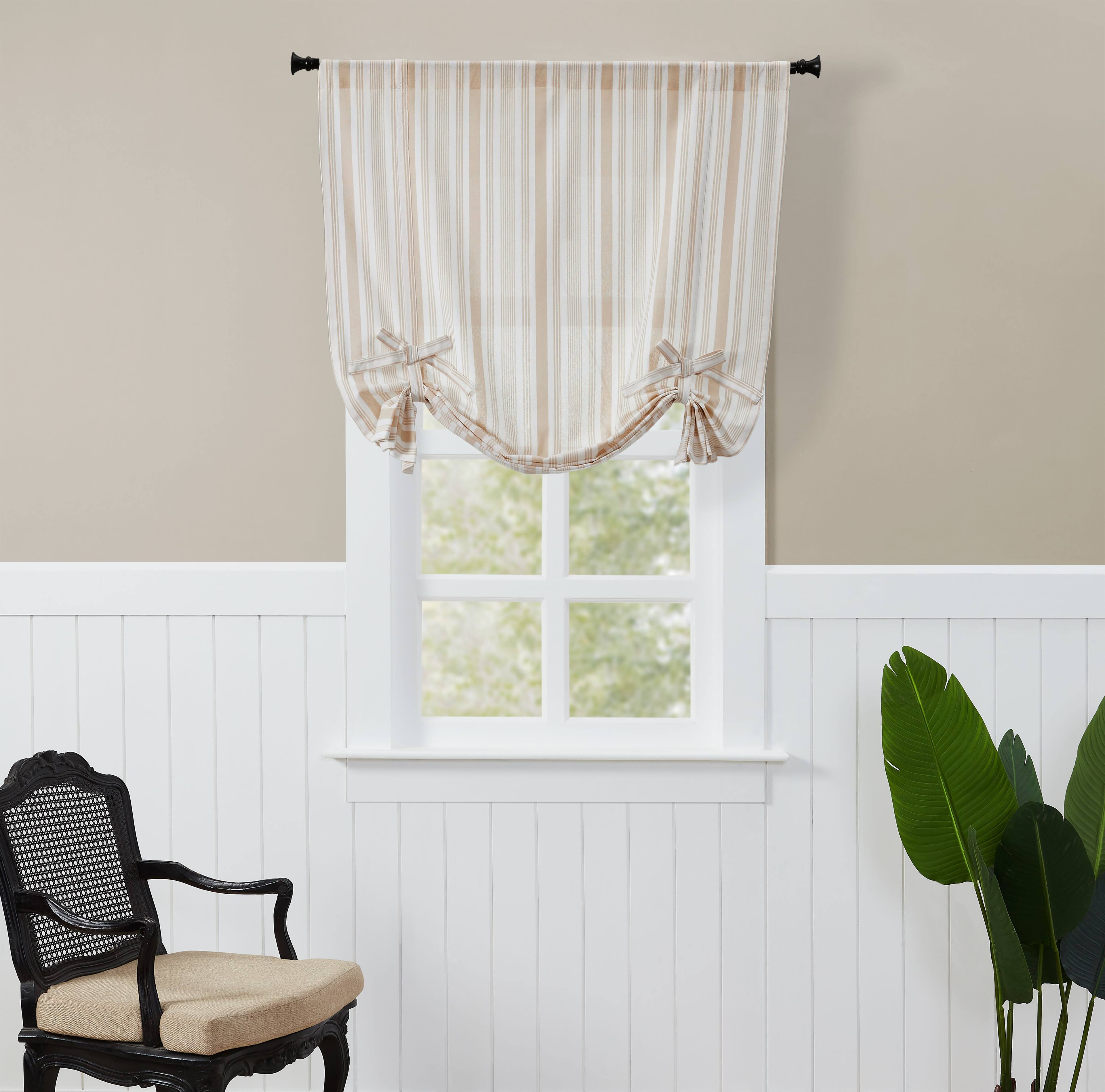 Front. Kate Aurora - Kate Aurora Country Farmhouse Cotton Striped Tie Up Window Curtain - 63 in. Long - Taupe - Beige.