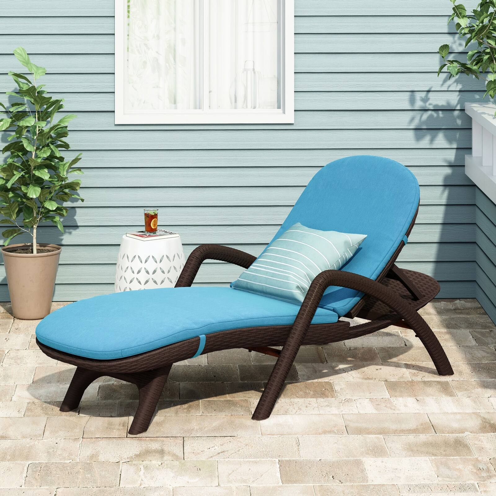 Alt View 4. Ecooso - Weather-Resistant Plastic Chaise Lounge with Wicker-Like Texture, Cushion, Ergonomic Design, and Stable Support Frame - Dark Brown.