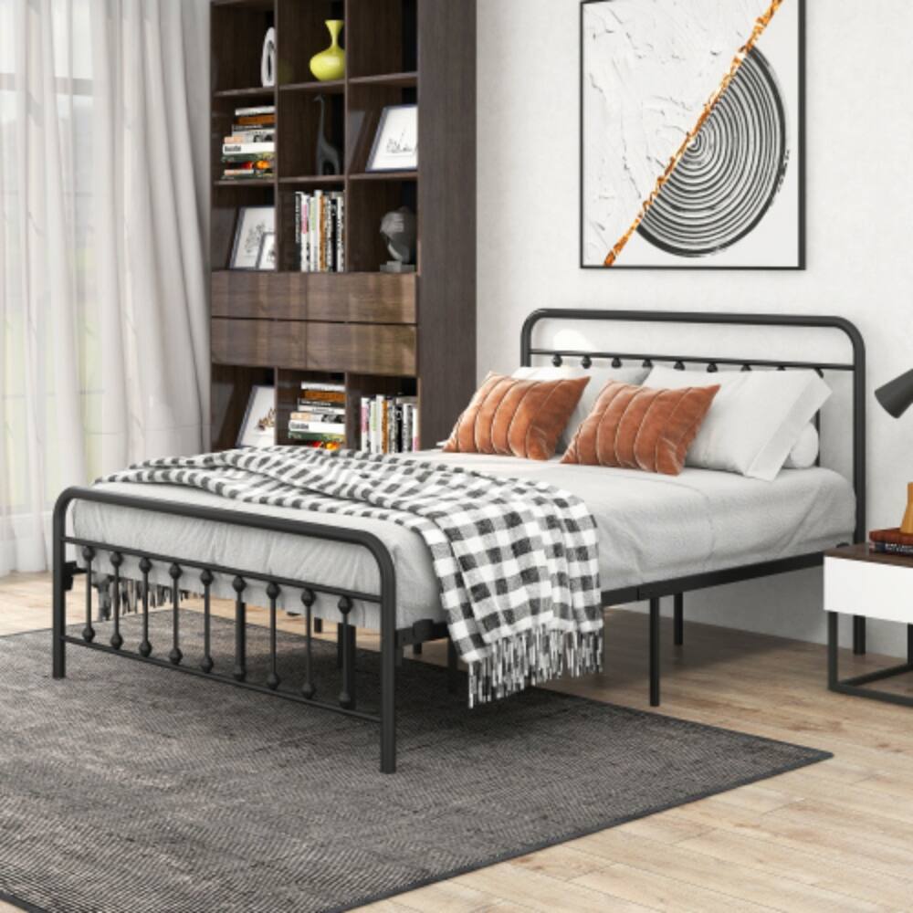 Angle. LUCKY ONE - Queen Size Metal Platform Bed Frame with Victorian Headboard and Footboard, Steel Slats, No Box Spring Needed - Black,Queen.