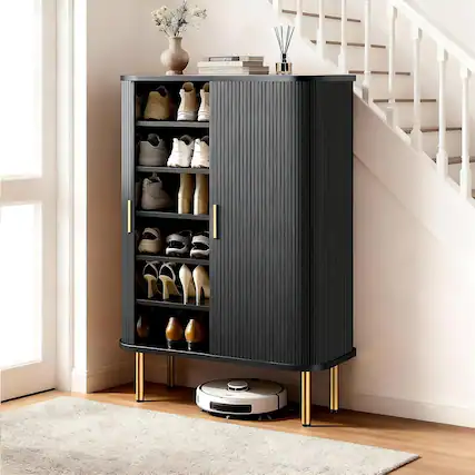 Front. Tiramisubest - 31.5" 6-Tier Shoe Storage Cabinet with Sliding Door & Adjustable Shelves,Mid-Century Freestanding Shoe Storage Organizer - Black.