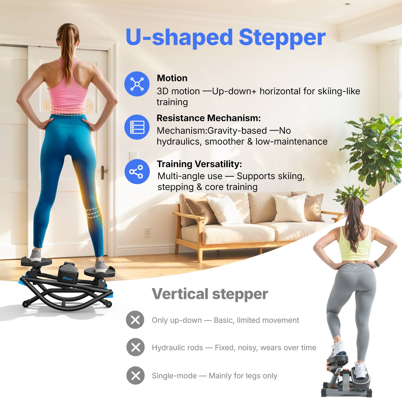 U-shaped Stepper

Motion:  
3D motion — Up-down + horizontal for skiing-like training

Resistance Mechanism:  
Gravity-based — No hydraulics, smoother & low-maintenance

Training Versatility:  
Multi-angle use — Supports skiing, stepping & core training

Vertical stepper

- Only up-down — Basic, limited movement
- Hydraulic rods — Fixed, noisy, wears over time
- Single-mode — Mainly for legs only