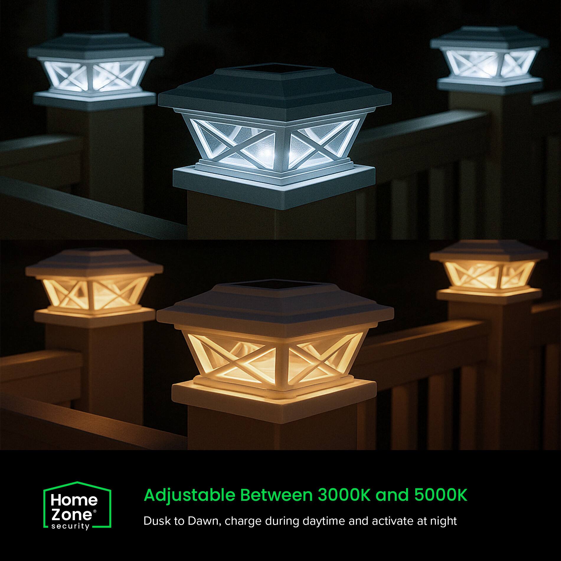 Home Zone security  
Adjustable Between 3000K and 5000K  
Dusk to Dawn, charge during daytime and activate at night