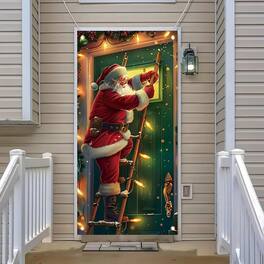 MOSZAR LLC - Santa Climbing Door Banner, 71×35 in, Green with Holiday Lights, Christmas Decor - Red