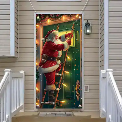 Front. MOSZAR LLC - Santa Climbing Door Banner, 71×35 in, Green with Holiday Lights, Christmas Decor - red.