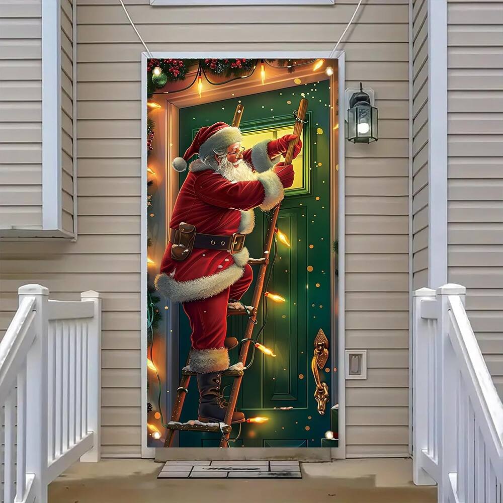 Front. MOSZAR LLC - Santa Climbing Door Banner, 71×35 in, Green with Holiday Lights, Christmas Decor - red.