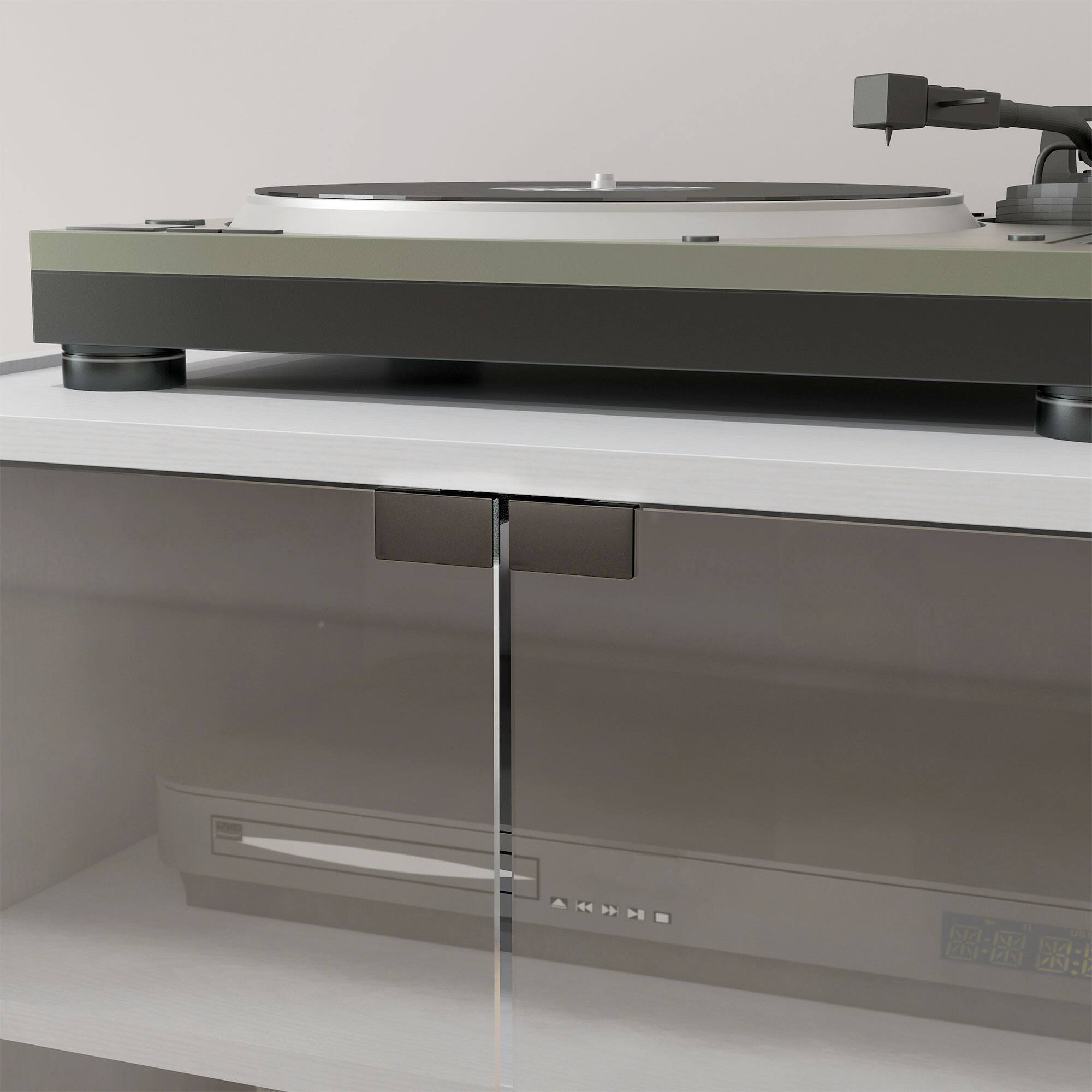 Alt View 8. Homcom - 4-Tier Stereo Cabinet, Vinyl Record Storage Stand with Adjustable Shelves & Tempered Glass Doors​ - Distressed White.