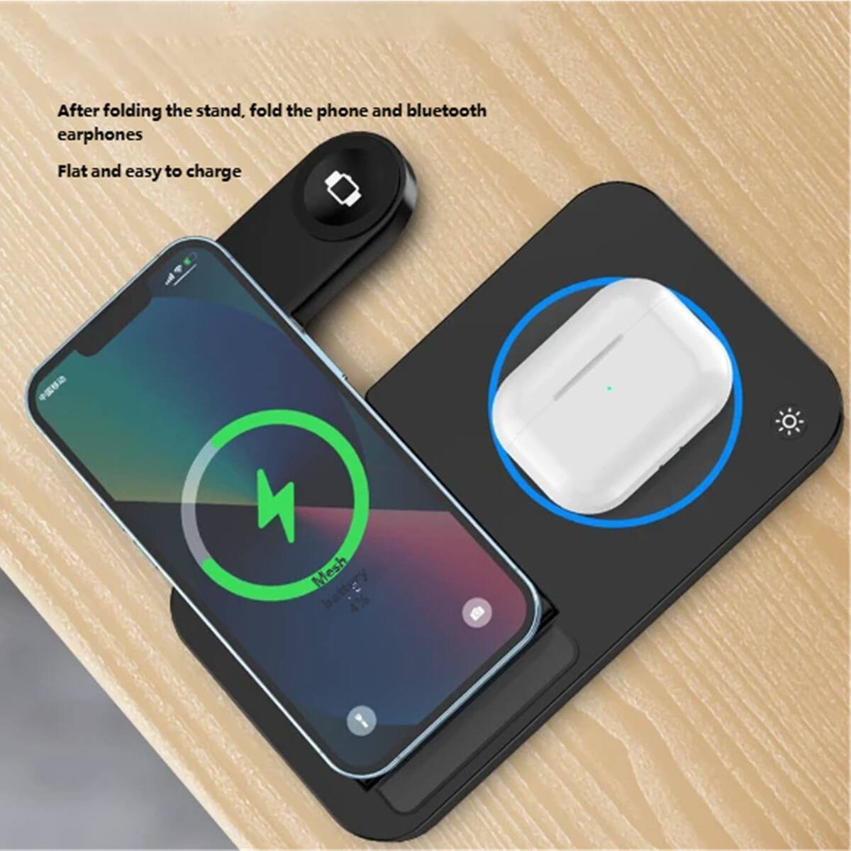 After folding the stand, fold the phone and Bluetooth earphones.  
Flat and easy to charge.