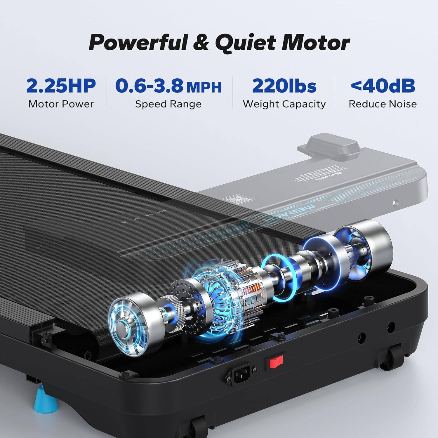 Powerful & Quiet Motor  
2.25HP Motor Power  
0.6-3.8 MPH Speed Range  
220lbs Weight Capacity  
<40dB Reduce Noise