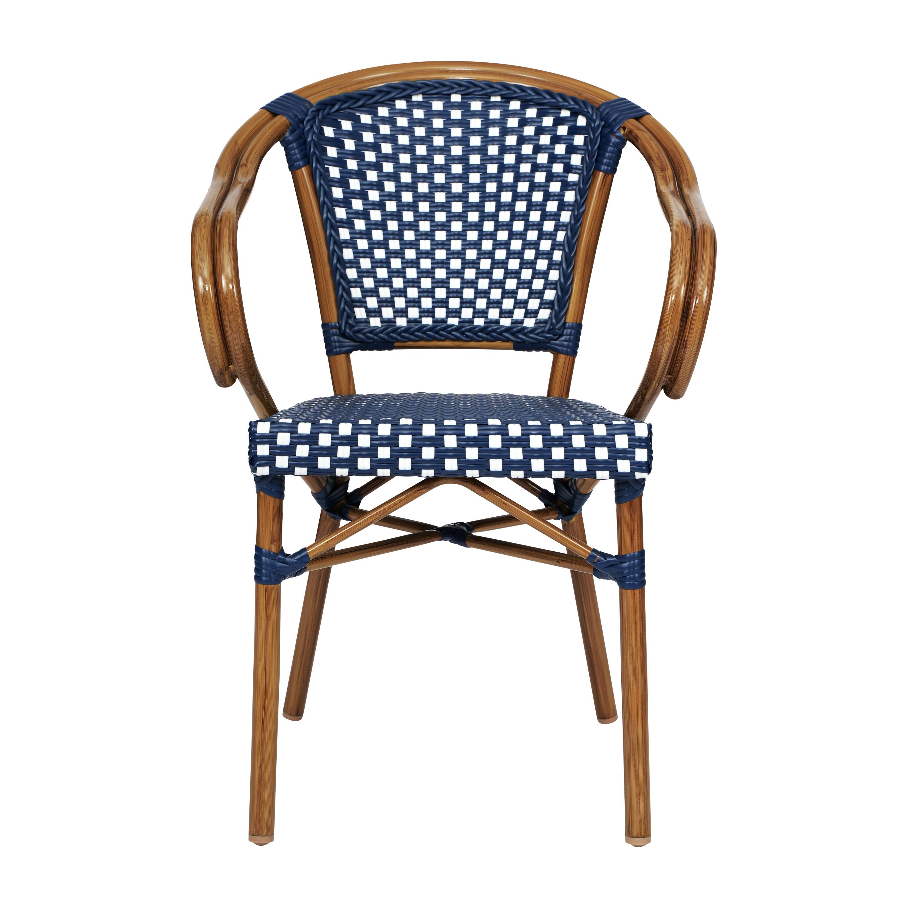 Alt View 8. Emma + Oliver - Soie Indoor/Outdoor Stacking Thonet Bistro Style Chair with Arms, PE Rattan Seat and Bamboo Finished Metal Frame - Navy & White/Natural Frame.