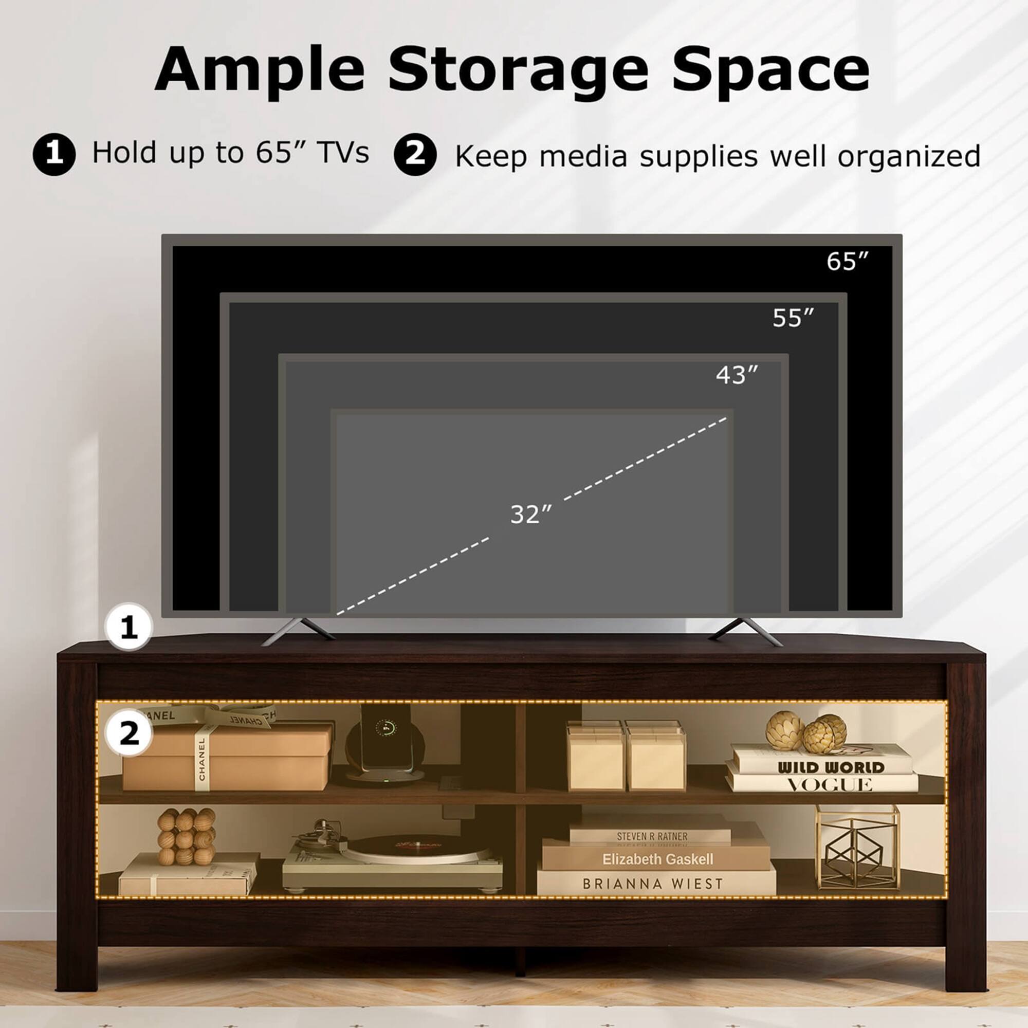 1. Ample Storage Space: Hold up to 65" TVs
2. Keep media supplies well organized
3. 65" TV: 65"
4. 55" TV: 55"
5. 43" TV: 43"
6. 32" TV: 32"
7. 1 Channel Draio: 1 Channel Draio
8. 2 Channel Draio: 2 Channel Draio
9. Wild World: Wild World
10. Vogue: Vogue
11. Steven & Katner: Steven & Katner
12. Elizabeth Gaskell: Elizabeth Gaskell
13. Brianna Wiest: Brianna Wiest