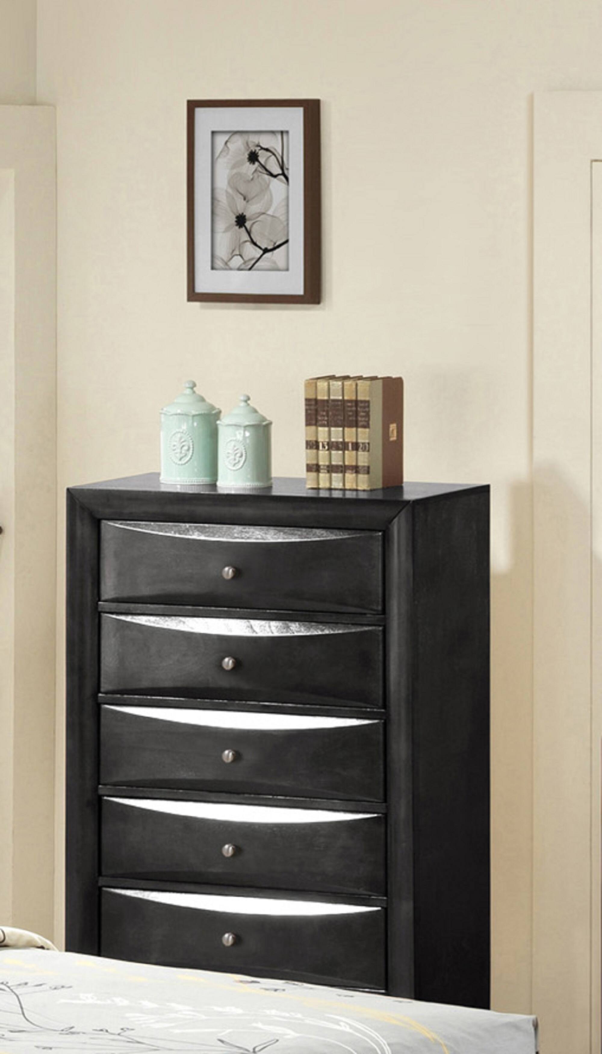 Angle. TinyHomie - 1Pc Contemporary 5 Drawer Chest Black Finish Solid Wood Wooden Bedroom Furniture - Black.