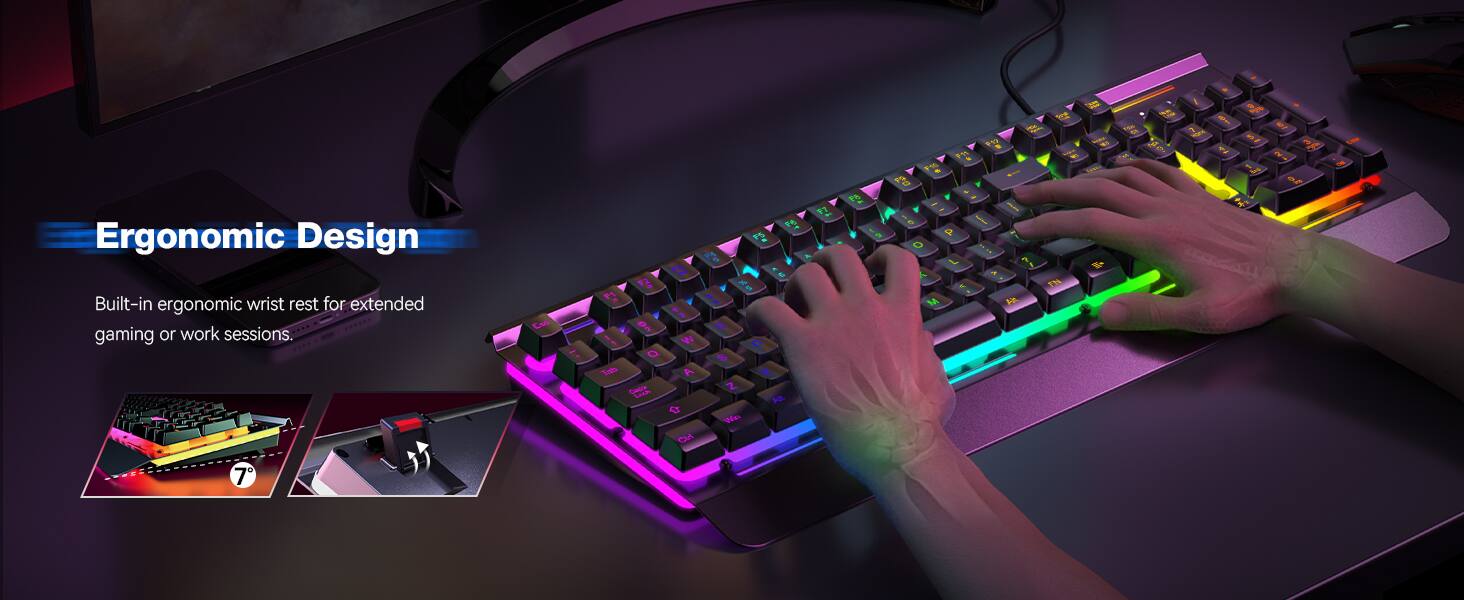 PS 13
F11
F12 B
you
-
FER CI
15%
5 - 
~ of
To
Ergonomic Design Built-in ergonomic wrist rest for extended gaming or work sessions.
Coc
re 75 PA F3 .  % 2 F1 $ 2 02 E 1 W D Q S Tab A X Caste Z Lock Alt t Win CM
97
5 P o  M
A Alt
FN