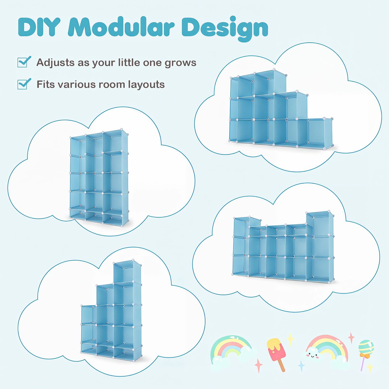 DIY Modular Design  
Adjusts as your little one grows  
Fits various room layouts